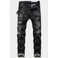 Black Button Fly Slim-fit Distressed Men's Jeans