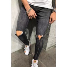 Grey Men's Ripped Zipper Jeans