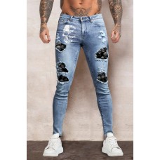 Sky Blue Skull Letter Print Patchwork Skinny Fit Men's Jeans