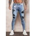 Sky Blue Skull Letter Print Patchwork Skinny Fit Men's Jeans