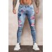 Sky Blue American Flag Graphic Print Splicing Men's Skinny Jeans