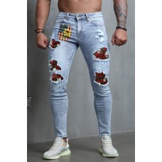 Sky Blue American Flag Floral Skull Print Patchwork Skinny Men's Jeans