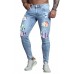 Sky Blue Men Stripes and Stars Print Ripped Skinny Jeans