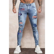 Sky Blue USA Flag Distressed Stretchy Ripped Hole Denim Pants