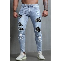 Sky Blue Skull Print Patchwork Distressed Men's Skinny Jeans