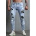 Sky Blue Skull Print Patchwork Distressed Men's Skinny Jeans