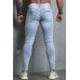 Sky Blue Skull Print Patchwork Distressed Men's Skinny Jeans