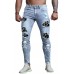 Sky Blue Skull Print Patchwork Distressed Men's Skinny Jeans