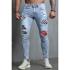 Sky Blue Plaid Pattern Patchwork Ripped Skinny Men's Jeans