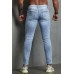 Sky Blue Plaid Pattern Patchwork Ripped Skinny Men's Jeans