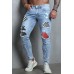 Sky Blue Plaid Pattern Patchwork Ripped Skinny Men's Jeans