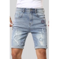 Sky Blue Graphic Print Rolled Hem Ripped Men's Denim Shorts