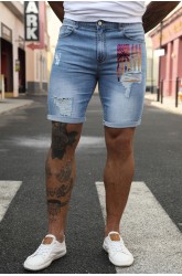 Sky Blue American Flag Graphic Print Rolled Hem Skinny Men's Denim Shorts