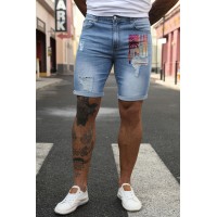 Sky Blue American Flag Graphic Print Rolled Hem Skinny Men's Denim Shorts