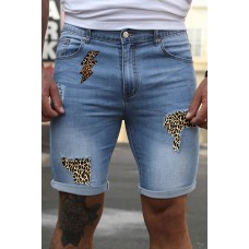 Sky Blue Leopard Lightning Patchwork Skinny Fit Men's Jeans