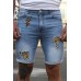 Sky Blue Leopard Lightning Patchwork Skinny Fit Men's Jeans