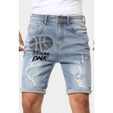 Sky Blue It's In My DNA Basketball Print Ripped Rolled Hem Men's Denim Shorts