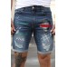 Blue Figure Letter Printed Skinny Fit Men's Denim Shorts