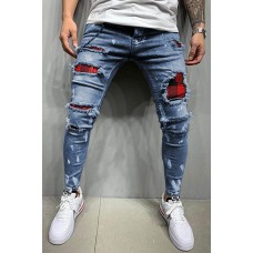 Plaid Patchwork Distressed Slim-fit Men's Jeans