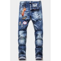 Men's Badge Pattern Patchwork Paint Splash Slim-fit Jeans