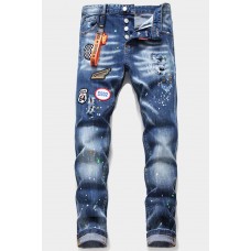 Men's Badge Pattern Patchwork Paint Splash Slim-fit Jeans