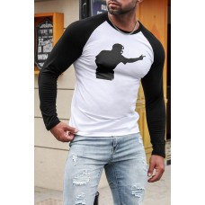 Black Men's Baseball Figure Print Color Block Long Sleeve Top