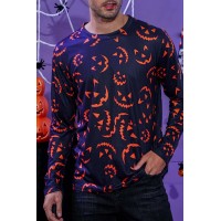 Men's Halloween Pumpkin Smiley Print Long Sleeve Knit T-shirt