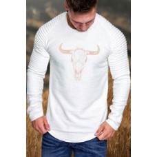 White Steer Head Graphic Pleated Slim Fit Men Long Sleeve T-shirt