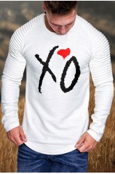 White XO Heart Print Pleated Sleeve Slim-fit Men's T-shirt