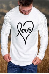 White Men's Love Heart Shape Print Pleated Long Sleeve T-shirt