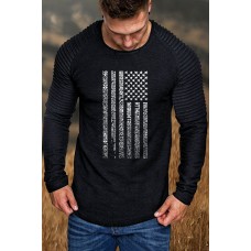 Pleated Long Sleeve Letter US Flag Print Men's Graphic T-shirt