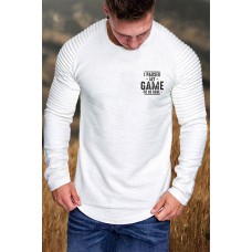 White Men's Letter Print Pleated Long Sleeve Top