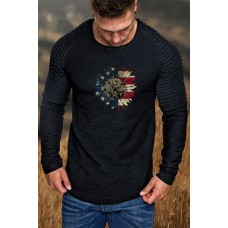 US Flag Sunflower Print Pleated Slim-fit Men's T-shirt