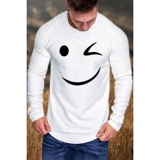 White Funny Smile Print Pleated Crew Neck Men's Long Sleeve Top