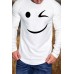 White Funny Smile Print Pleated Crew Neck Men's Long Sleeve Top