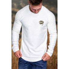 White Lip Print Pleated Slim-fit Men's Long Sleeve T-shirt