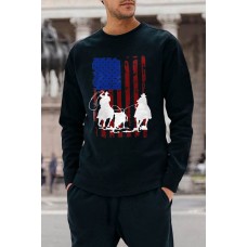 Black American Flag Team Roping Horse Print Men's Long Sleeve Top