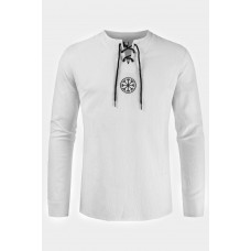 White Men's Pattern Print Lace-up Drawstring Long Sleeve Shirt