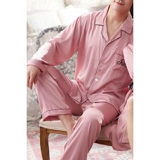 Pink Men Silk Like Long Sleeve Pajamas Set