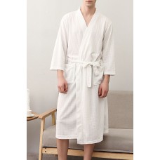 White Waffle Texture Men Robe with Belt