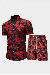 Men's Floral Print Short Sleeve Shirt and Elastic Waist Shorts Set