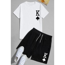 White Letter Print Short Sleeve Tee and Elastic Waist Shorts Men's Set