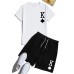 White Letter Print Short Sleeve Tee and Elastic Waist Shorts Men's Set