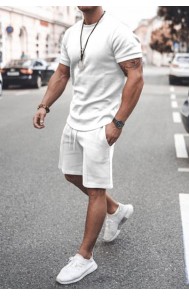 White Solid Short Sleeve Top and Shorts Men's Sports Set