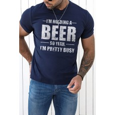 Blue BEER Letter Printed Muscle Fit Men's Graphic T Shirt