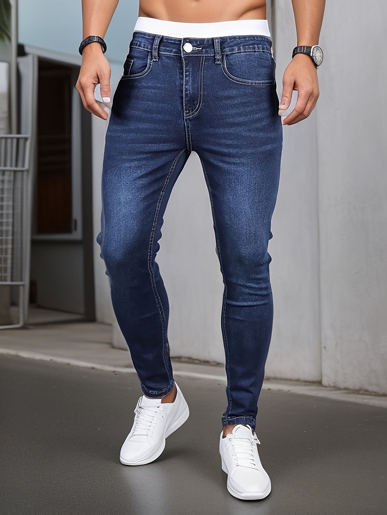 mens casual skinny jeans street style medium stretch denim pants details 1