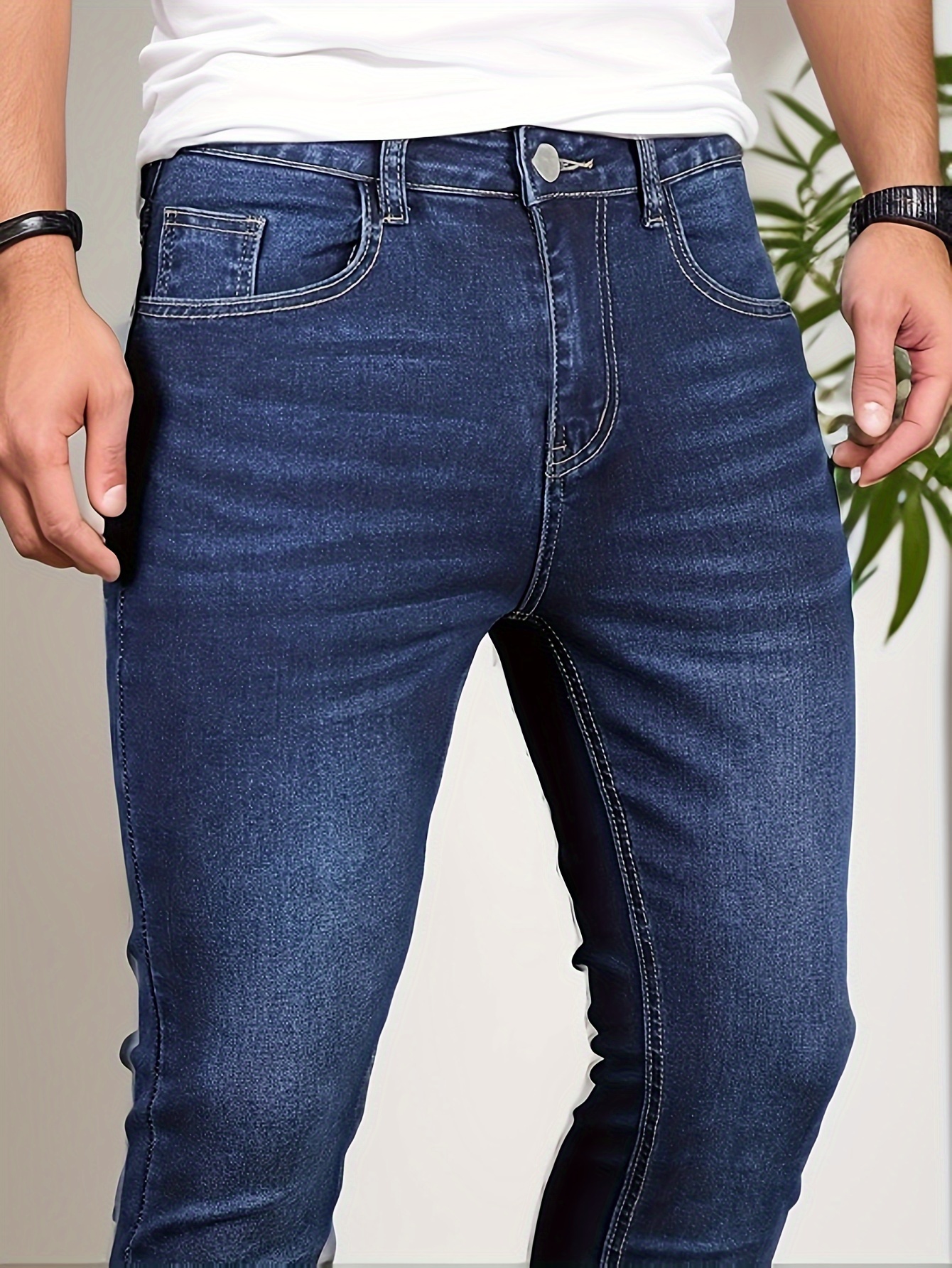 mens casual skinny jeans street style medium stretch denim pants details 4